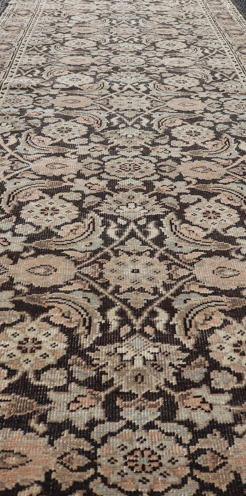 Measures: 2'8 x 9'4 Antique Persian Tabriz Runner with Ornate Floral Design in Earthy Tones. Keivan Woven Arts / EMB - 22135 - 15027, country of origin / type: Iran / Tabriz, circa 1920. This Persian runner with a sophisticated, all - over design ... - Keivan Woven ArtsEMB - 22135 - 15027 - 20403Rug