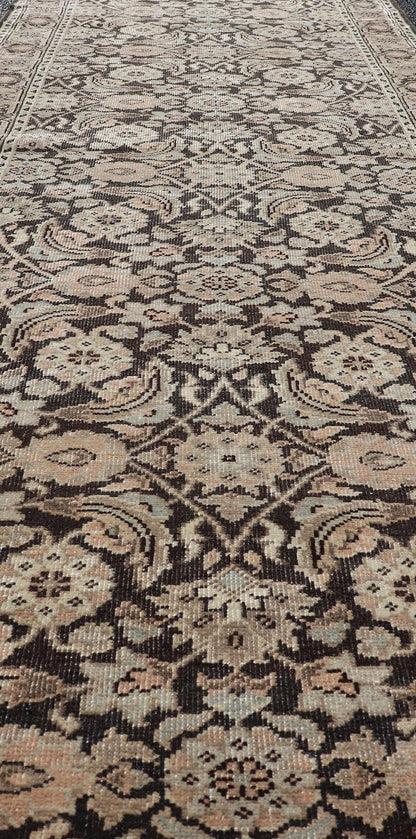 Measures: 2'8 x 9'4 Antique Persian Tabriz Runner with Ornate Floral Design in Earthy Tones. Keivan Woven Arts / EMB - 22135 - 15027, country of origin / type: Iran / Tabriz, circa 1920. This Persian runner with a sophisticated, all - over design ... - Keivan Woven ArtsEMB - 22135 - 15027 - 20403Rug