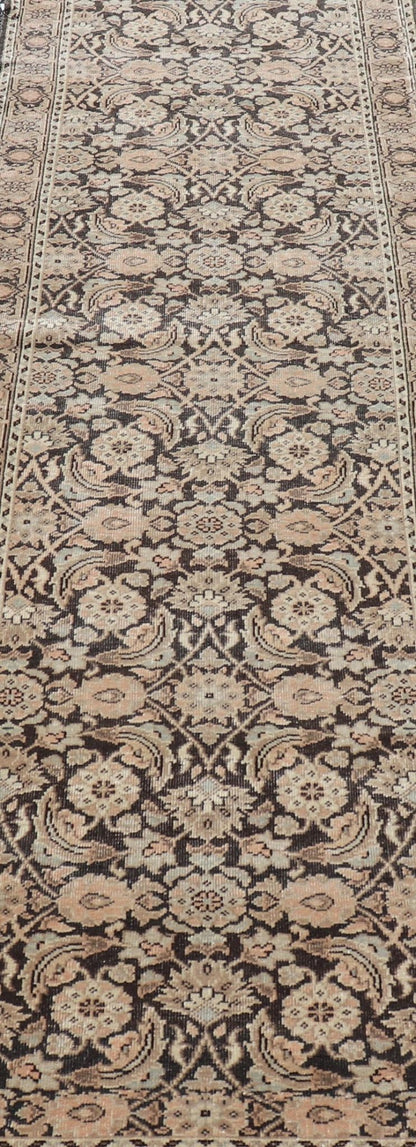 Measures: 2'8 x 9'4 Antique Persian Tabriz Runner with Ornate Floral Design in Earthy Tones. Keivan Woven Arts / EMB - 22135 - 15027, country of origin / type: Iran / Tabriz, circa 1920. This Persian runner with a sophisticated, all - over design ... - Keivan Woven ArtsEMB - 22135 - 15027 - 20403Rug