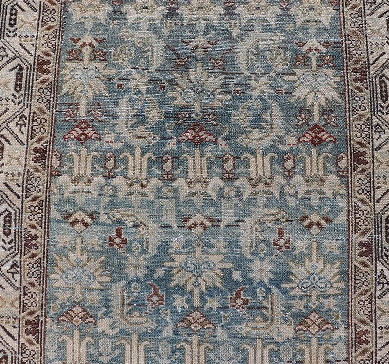 Long Antique Persian Hamedan Runner with Sub - Geometric Design With Red & Blue's. rug EMB - 22136 - 15026, Keivan Woven Arts / country of origin / type: Iran / Hamedan, circa 1910 Measures: 3'4 x 16'9 This beautiful antique Hamedan runner fr... - Keivan Woven ArtsEMB - 22136 - 15026 - 20397Rug