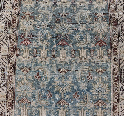Long Antique Persian Hamedan Runner with Sub - Geometric Design With Red & Blue's. rug EMB - 22136 - 15026, Keivan Woven Arts / country of origin / type: Iran / Hamedan, circa 1910 Measures: 3'4 x 16'9 This beautiful antique Hamedan runner fr... - Keivan Woven ArtsEMB - 22136 - 15026 - 20397Rug