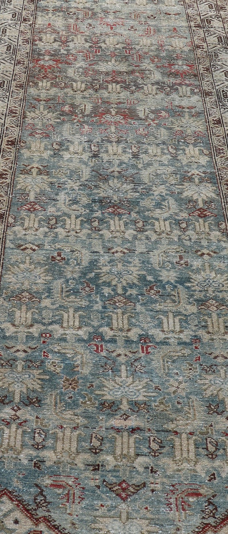 Long Antique Persian Hamedan Runner with Sub - Geometric Design With Red & Blue's. rug EMB - 22136 - 15026, Keivan Woven Arts / country of origin / type: Iran / Hamedan, circa 1910 Measures: 3'4 x 16'9 This beautiful antique Hamedan runner fr... - Keivan Woven ArtsEMB - 22136 - 15026 - 20397Rug