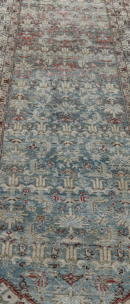 Long Antique Persian Hamedan Runner with Sub - Geometric Design With Red & Blue's. rug EMB - 22136 - 15026, Keivan Woven Arts / country of origin / type: Iran / Hamedan, circa 1910 Measures: 3'4 x 16'9 This beautiful antique Hamedan runner fr... - Keivan Woven ArtsEMB - 22136 - 15026 - 20397Rug