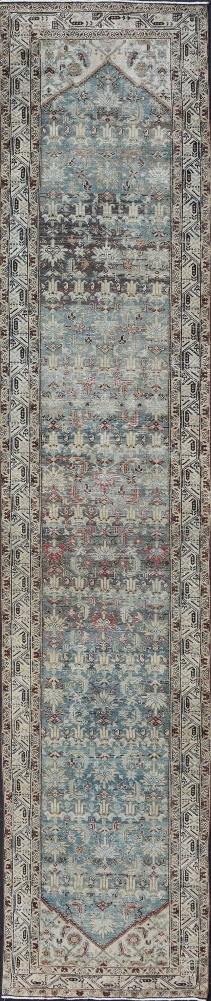Long Antique Persian Hamedan Runner with Sub - Geometric Design With Red & Blue's. rug EMB - 22136 - 15026, Keivan Woven Arts / country of origin / type: Iran / Hamedan, circa 1910 Measures: 3'4 x 16'9 This beautiful antique Hamedan runner fr... - Keivan Woven ArtsEMB - 22136 - 15026 - 20397