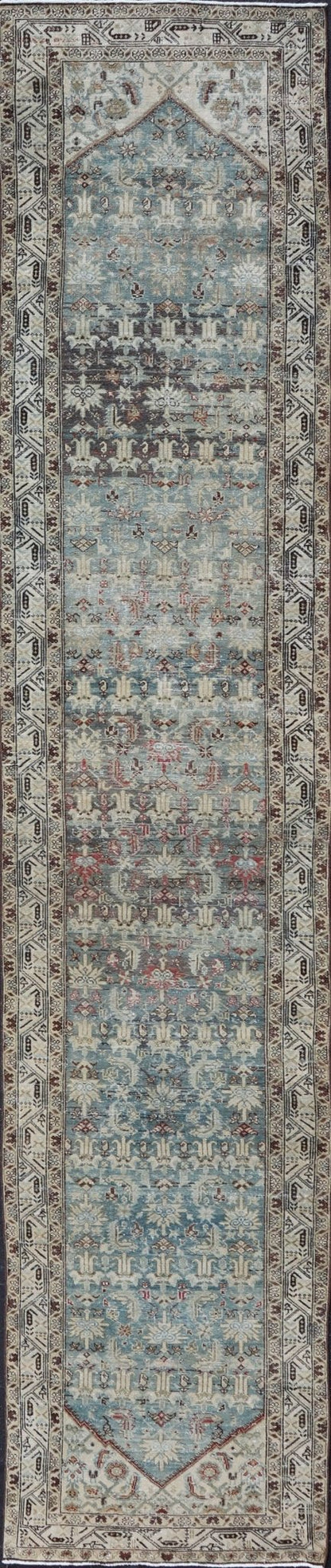 Long Antique Persian Hamedan Runner with Sub - Geometric Design With Red & Blue's. rug EMB - 22136 - 15026, Keivan Woven Arts / country of origin / type: Iran / Hamedan, circa 1910 Measures: 3'4 x 16'9 This beautiful antique Hamedan runner fr... - Keivan Woven ArtsEMB - 22136 - 15026 - 20397Rug