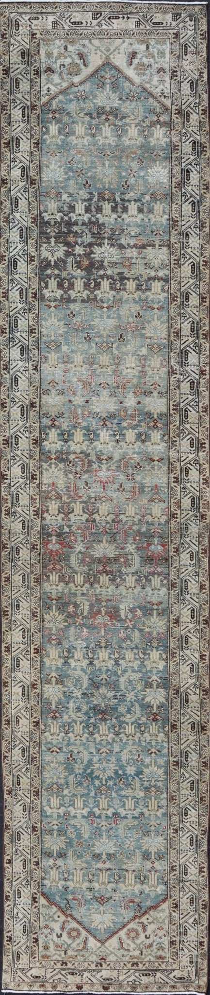Long Antique Persian Hamedan Runner with Sub - Geometric Design With Red & Blue's. rug EMB - 22136 - 15026, Keivan Woven Arts / country of origin / type: Iran / Hamedan, circa 1910 Measures: 3'4 x 16'9 This beautiful antique Hamedan runner fr... - Keivan Woven ArtsEMB - 22136 - 15026 - 20397Rug