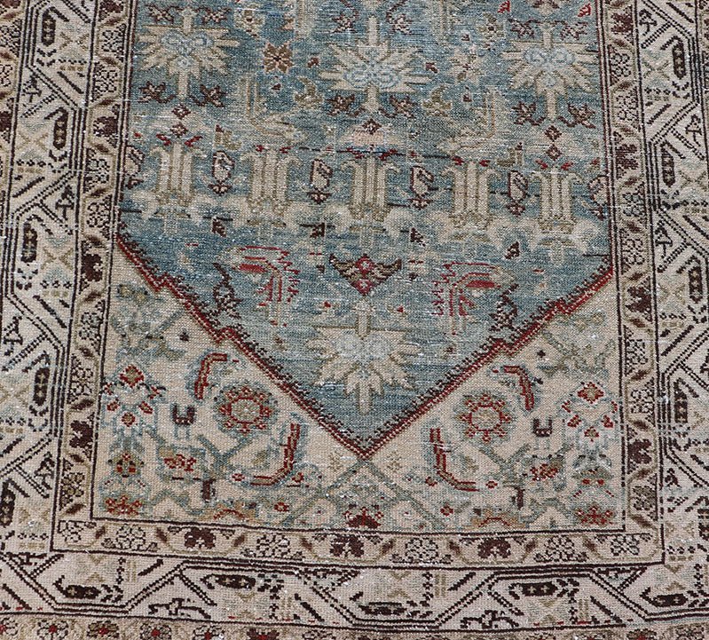 Long Antique Persian Hamedan Runner with Sub - Geometric Design With Red & Blue's. rug EMB - 22136 - 15026, Keivan Woven Arts / country of origin / type: Iran / Hamedan, circa 1910 Measures: 3'4 x 16'9 This beautiful antique Hamedan runner fr... - Keivan Woven ArtsEMB - 22136 - 15026 - 20397Rug