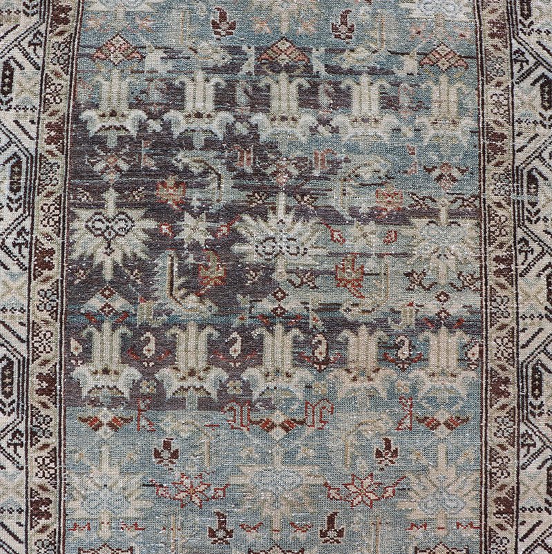 Long Antique Persian Hamedan Runner with Sub - Geometric Design With Red & Blue's. rug EMB - 22136 - 15026, Keivan Woven Arts / country of origin / type: Iran / Hamedan, circa 1910 Measures: 3'4 x 16'9 This beautiful antique Hamedan runner fr... - Keivan Woven ArtsEMB - 22136 - 15026 - 20397Rug