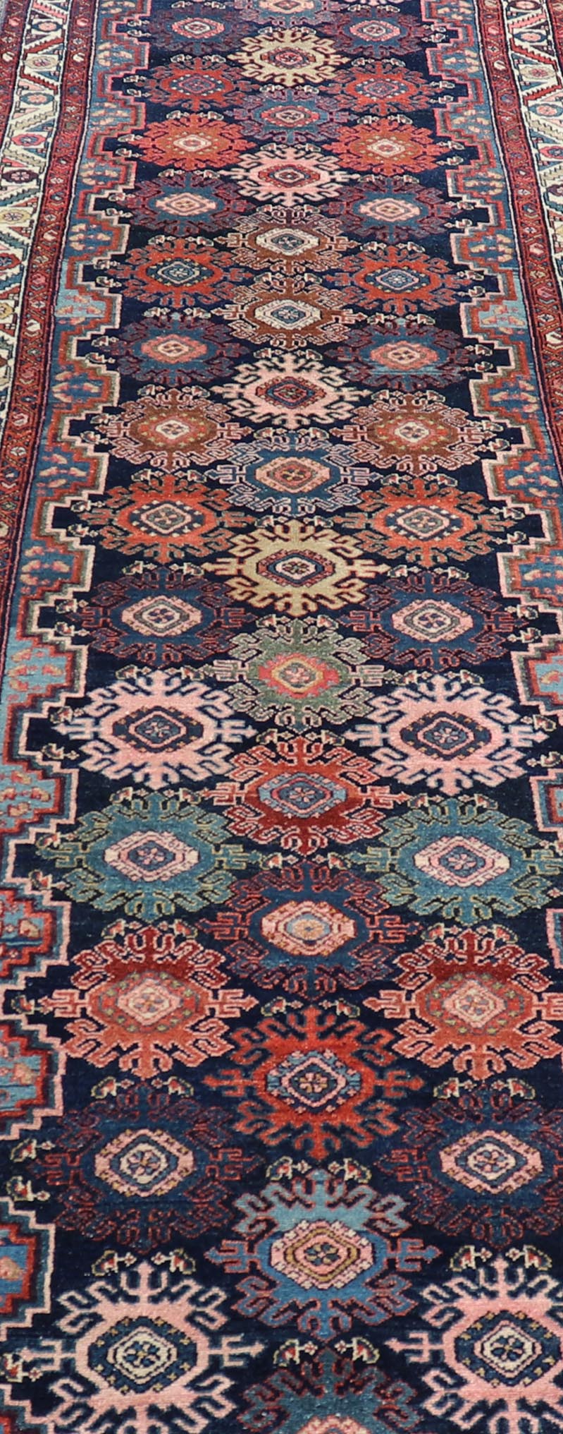Measures: 3'3 x 16'8 Antique Persian Hamadan Runner with All - Over Geometric Motifs In Jewel Tones. Keivan Woven Arts / rug EMB - 22137 - 15025, country of origin / type: Iran / Hamedan, circa 1900 This antique Persian long runner (circa early 20th ... - Keivan Woven ArtsEMB - 22137 - 15025 - 20391Rug