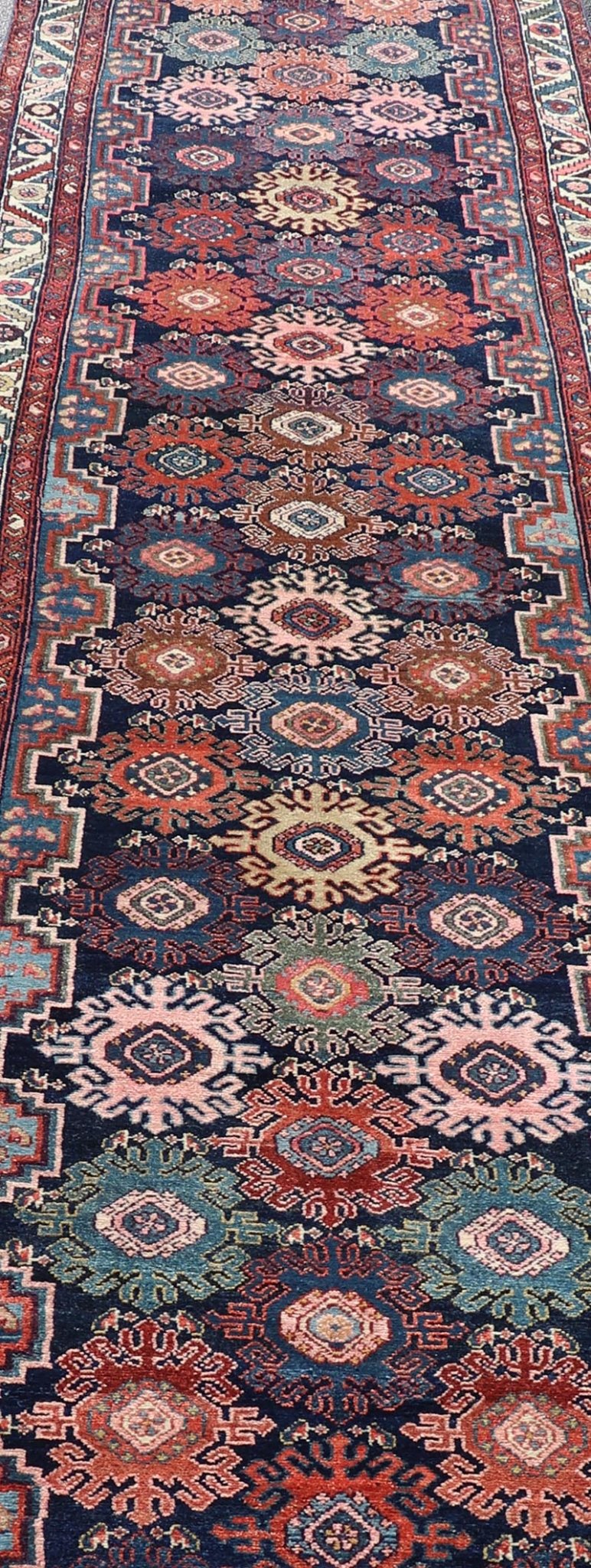 Measures: 3'3 x 16'8 Antique Persian Hamadan Runner with All - Over Geometric Motifs In Jewel Tones. Keivan Woven Arts / rug EMB - 22137 - 15025, country of origin / type: Iran / Hamedan, circa 1900 This antique Persian long runner (circa early 20th ... - Keivan Woven ArtsEMB - 22137 - 15025 - 20391Rug
