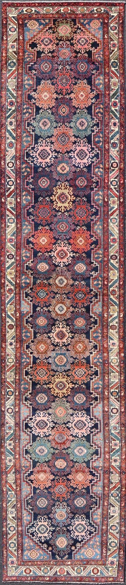 Measures: 3'3 x 16'8 Antique Persian Hamadan Runner with All - Over Geometric Motifs In Jewel Tones. Keivan Woven Arts / rug EMB - 22137 - 15025, country of origin / type: Iran / Hamedan, circa 1900 This antique Persian long runner (circa early 20th ... - Keivan Woven ArtsEMB - 22137 - 15025 - 20391Rug