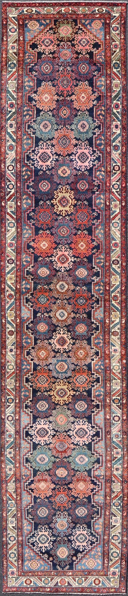 Measures: 3'3 x 16'8 Antique Persian Hamadan Runner with All - Over Geometric Motifs In Jewel Tones. Keivan Woven Arts / rug EMB - 22137 - 15025, country of origin / type: Iran / Hamedan, circa 1900 This antique Persian long runner (circa early 20th ... - Keivan Woven ArtsEMB - 22137 - 15025 - 20391Rug
