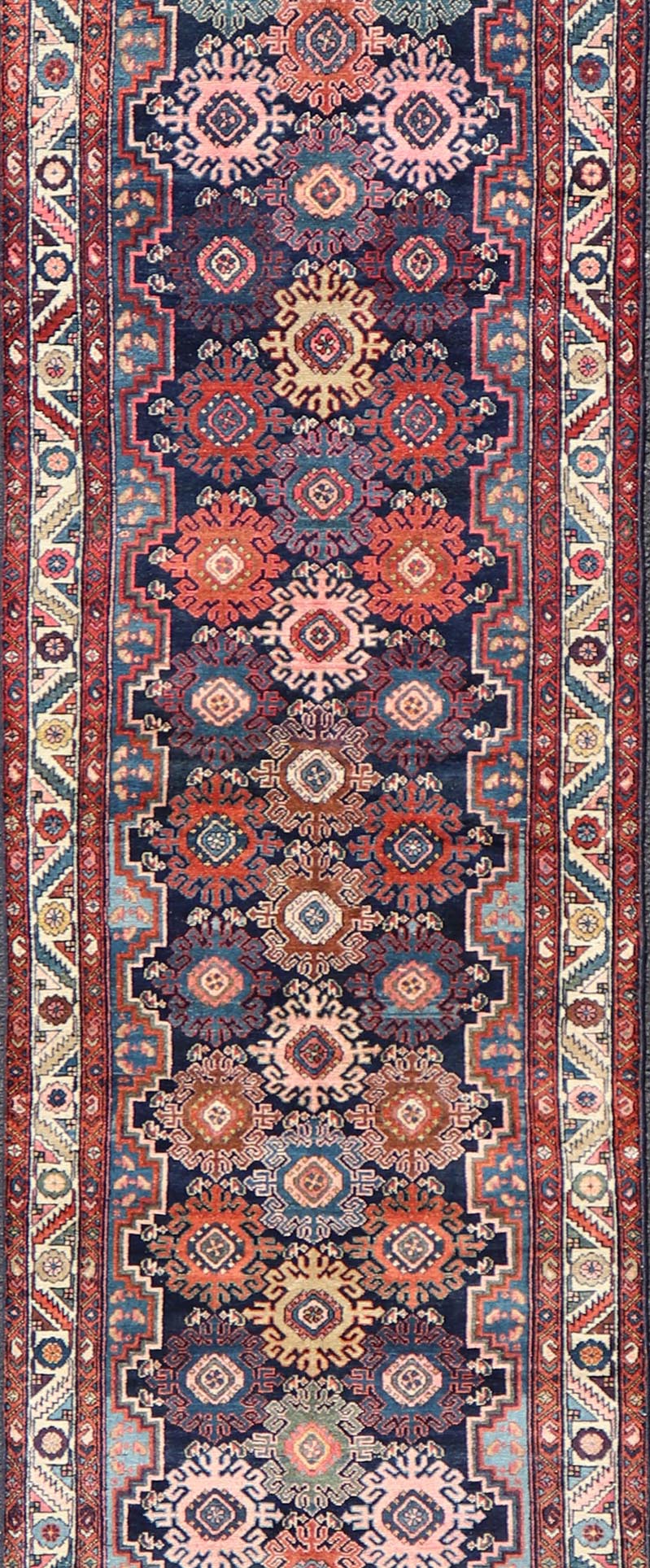 Measures: 3'3 x 16'8 Antique Persian Hamadan Runner with All - Over Geometric Motifs In Jewel Tones. Keivan Woven Arts / rug EMB - 22137 - 15025, country of origin / type: Iran / Hamedan, circa 1900 This antique Persian long runner (circa early 20th ... - Keivan Woven ArtsEMB - 22137 - 15025 - 20391Rug
