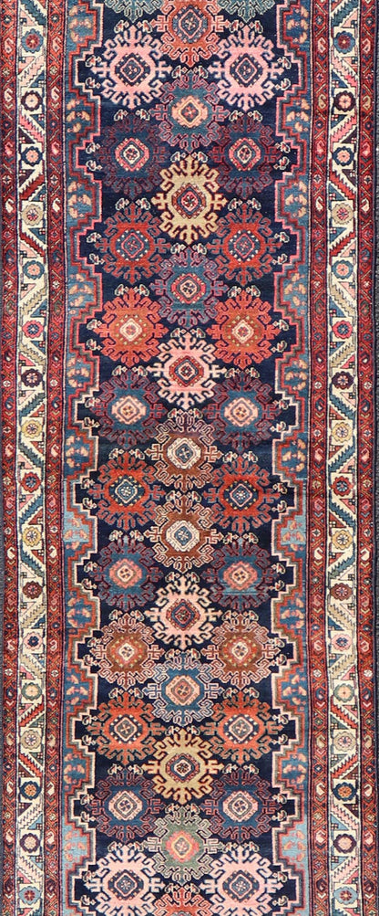 Measures: 3'3 x 16'8 Antique Persian Hamadan Runner with All - Over Geometric Motifs In Jewel Tones. Keivan Woven Arts / rug EMB - 22137 - 15025, country of origin / type: Iran / Hamedan, circa 1900 This antique Persian long runner (circa early 20th ... - Keivan Woven ArtsEMB - 22137 - 15025 - 20391Rug