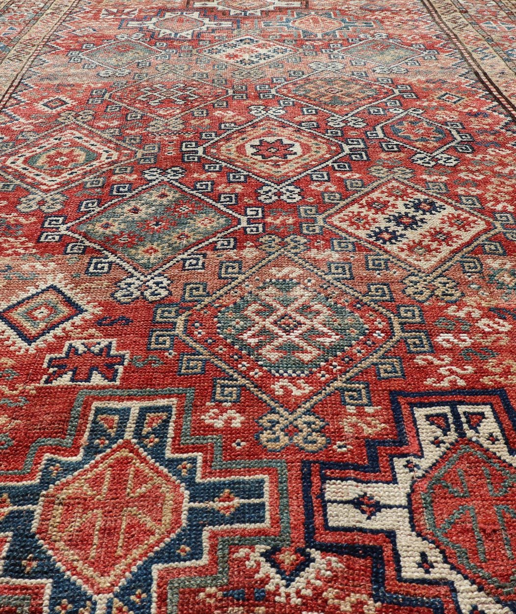 Antique Caucasian Kazak Rug with Geometric Design & Tribal Motifs Charming Antique Caucasian Kazak Rug with All - Over Geometric Motif Medallions. Keivan Woven Arts / rug /EMB - 22138 - 15048, country of origin / type: Caucasus / Kazak, circa 1890 ... - Keivan Woven ArtsEMB - 22138 - 15048 - 20523
