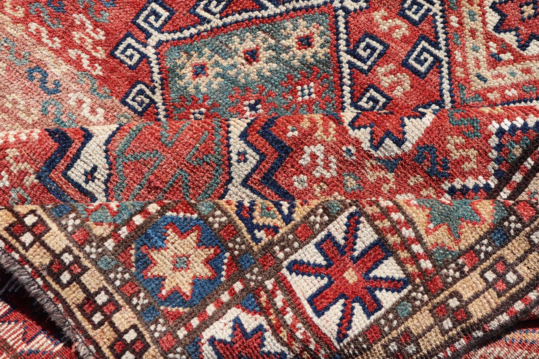 Antique Caucasian Kazak Rug with Geometric Design & Tribal Motifs Charming Antique Caucasian Kazak Rug with All - Over Geometric Motif Medallions. Keivan Woven Arts / rug /EMB - 22138 - 15048, country of origin / type: Caucasus / Kazak, circa 1890 ... - Keivan Woven ArtsEMB - 22138 - 15048 - 20523