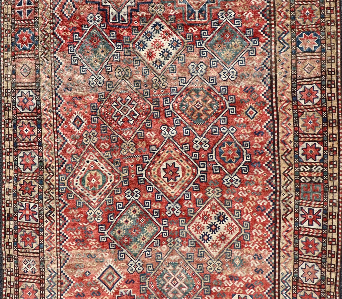 Antique Caucasian Kazak Rug with Geometric Design & Tribal Motifs Charming Antique Caucasian Kazak Rug with All - Over Geometric Motif Medallions. Keivan Woven Arts / rug /EMB - 22138 - 15048, country of origin / type: Caucasus / Kazak, circa 1890 ... - Keivan Woven ArtsEMB - 22138 - 15048 - 20523Rug