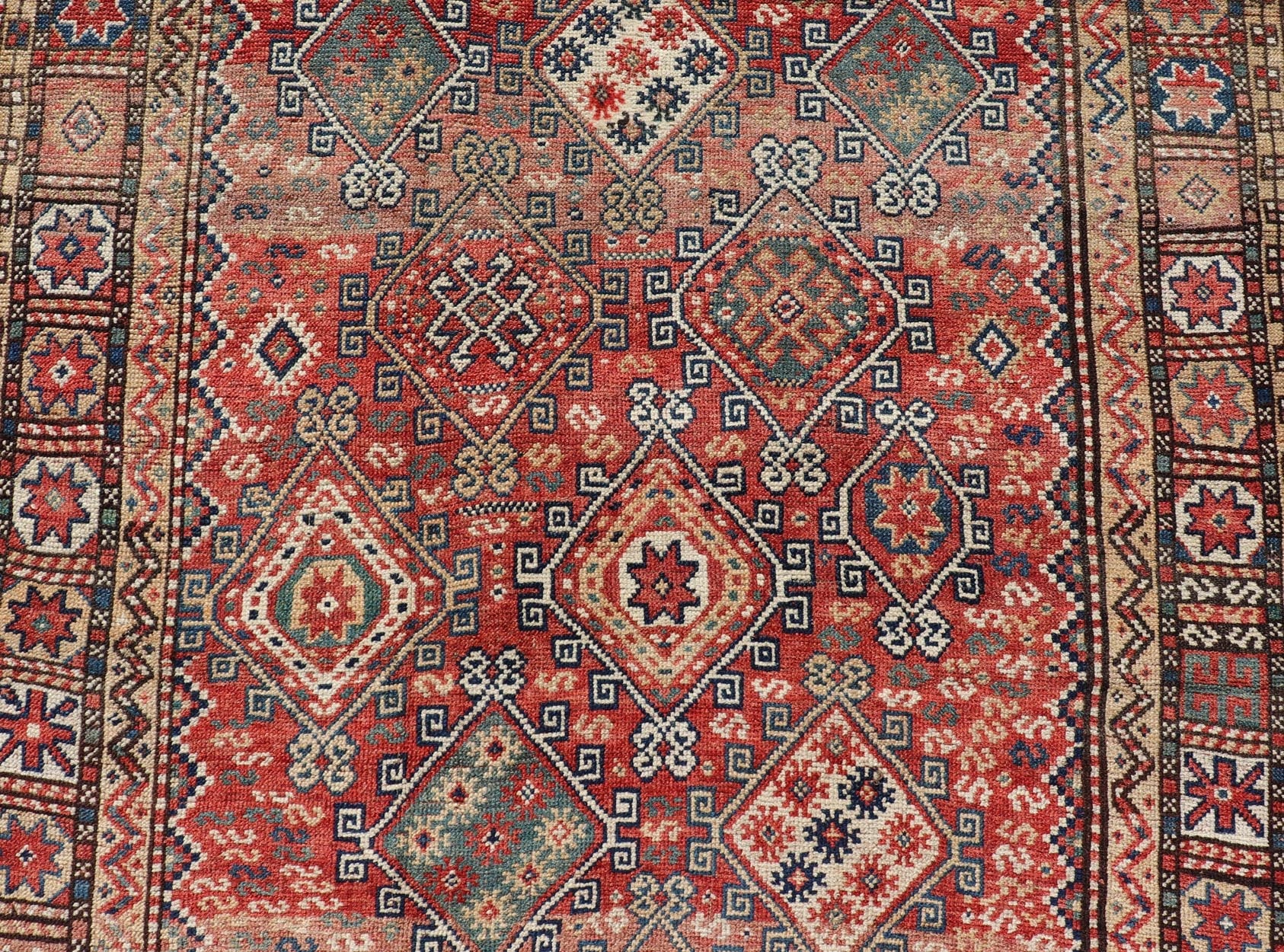 Antique Caucasian Kazak Rug with Geometric Design & Tribal Motifs Charming Antique Caucasian Kazak Rug with All - Over Geometric Motif Medallions. Keivan Woven Arts / rug /EMB - 22138 - 15048, country of origin / type: Caucasus / Kazak, circa 1890 ... - Keivan Woven ArtsEMB - 22138 - 15048 - 20523