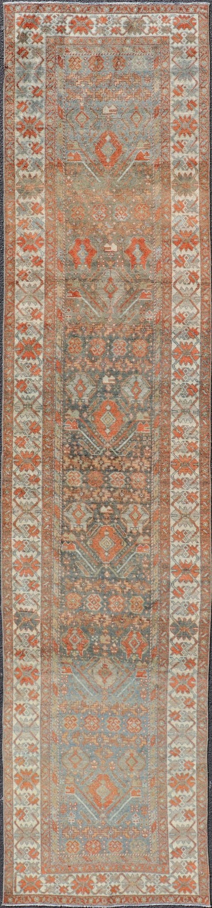 Measures: 2'10 x 13'8 Fine Antique Persian Malayer Runner in Soft Tones of Blue and Orange. Keivan Woven Arts / rug EMB - 22139 - 15022, Keivan Woven Arts / country of origin / type: Iran / Malayer, circa 1920. This long runner Persian Malayer c... - Keivan Woven ArtsEMB - 22139 - 15022 - 20373Rug