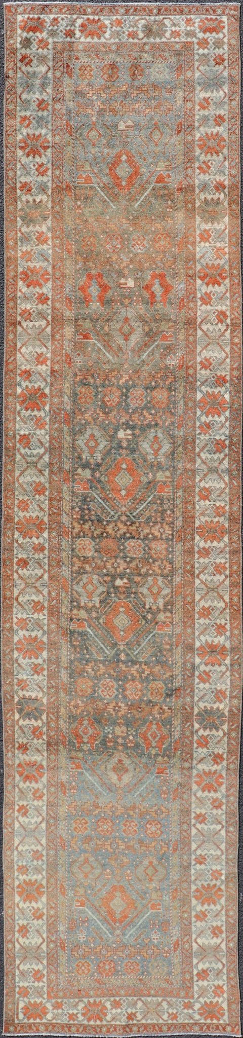 Measures: 2'10 x 13'8 Fine Antique Persian Malayer Runner in Soft Tones of Blue and Orange. Keivan Woven Arts / rug EMB - 22139 - 15022, Keivan Woven Arts / country of origin / type: Iran / Malayer, circa 1920. This long runner Persian Malayer c... - Keivan Woven ArtsEMB - 22139 - 15022 - 20373Rug