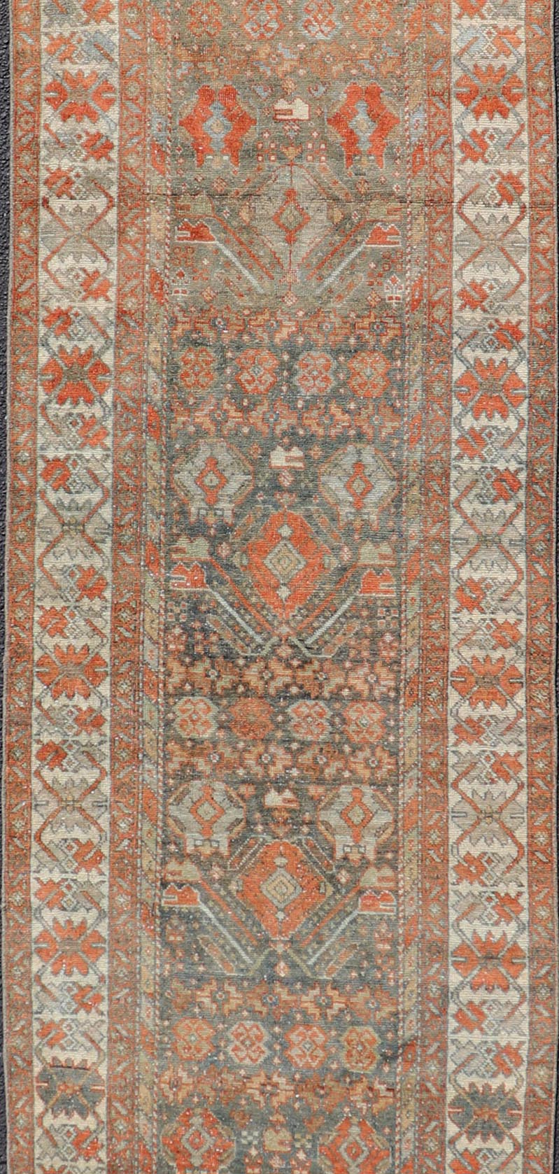 Measures: 2'10 x 13'8 Fine Antique Persian Malayer Runner in Soft Tones of Blue and Orange. Keivan Woven Arts / rug EMB - 22139 - 15022, Keivan Woven Arts / country of origin / type: Iran / Malayer, circa 1920. This long runner Persian Malayer c... - Keivan Woven ArtsEMB - 22139 - 15022 - 20373Rug