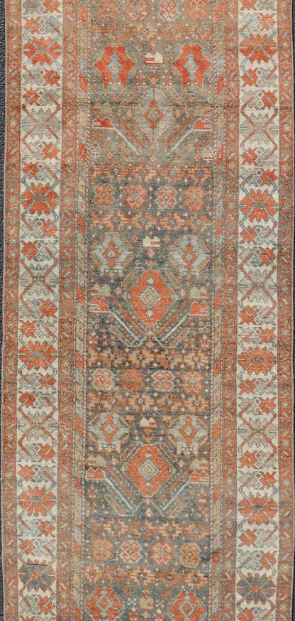 Measures: 2'10 x 13'8 Fine Antique Persian Malayer Runner in Soft Tones of Blue and Orange. Keivan Woven Arts / rug EMB - 22139 - 15022, Keivan Woven Arts / country of origin / type: Iran / Malayer, circa 1920. This long runner Persian Malayer c... - Keivan Woven ArtsEMB - 22139 - 15022 - 20373Rug