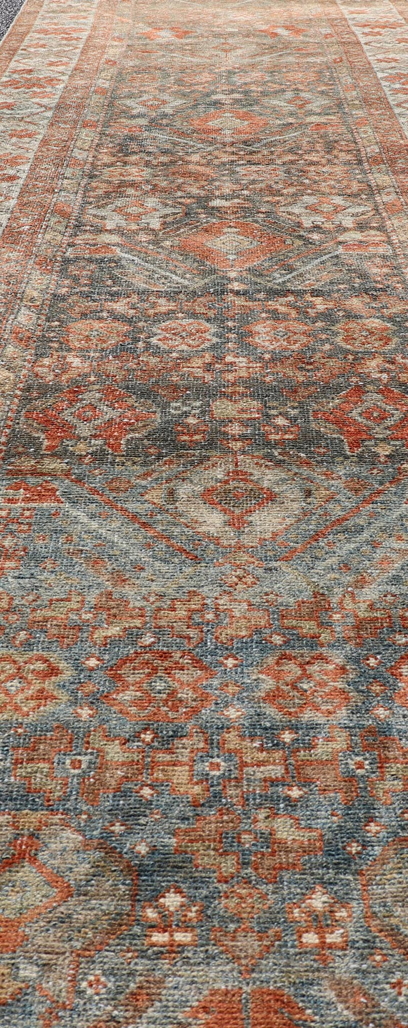 Measures: 2'10 x 13'8 Fine Antique Persian Malayer Runner in Soft Tones of Blue and Orange. Keivan Woven Arts / rug EMB - 22139 - 15022, Keivan Woven Arts / country of origin / type: Iran / Malayer, circa 1920. This long runner Persian Malayer c... - Keivan Woven ArtsEMB - 22139 - 15022 - 20373Rug