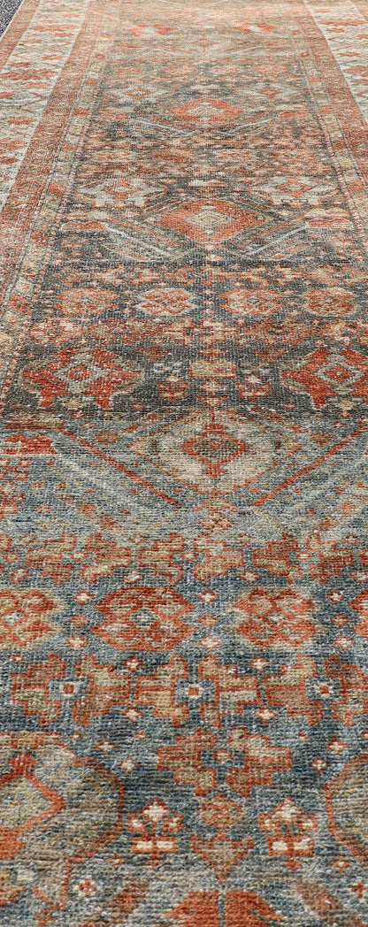 Measures: 2'10 x 13'8 Fine Antique Persian Malayer Runner in Soft Tones of Blue and Orange. Keivan Woven Arts / rug EMB - 22139 - 15022, Keivan Woven Arts / country of origin / type: Iran / Malayer, circa 1920. This long runner Persian Malayer c... - Keivan Woven ArtsEMB - 22139 - 15022 - 20373Rug
