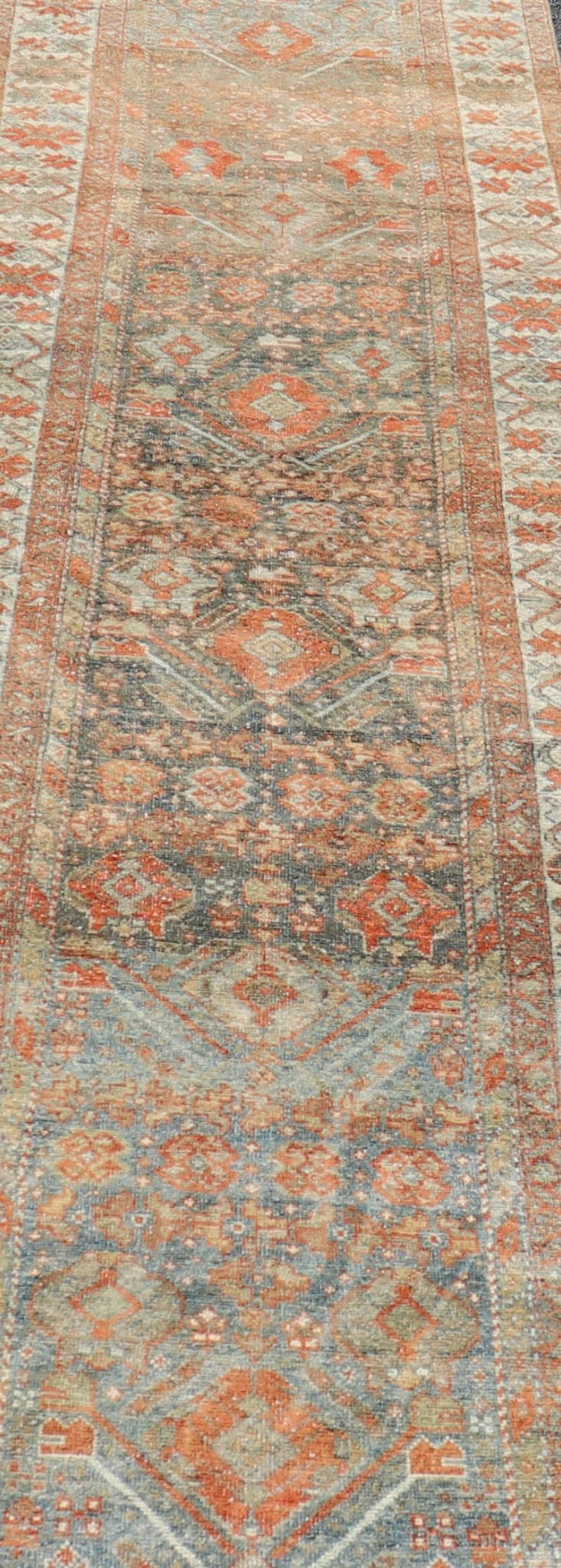 Measures: 2'10 x 13'8 Fine Antique Persian Malayer Runner in Soft Tones of Blue and Orange. Keivan Woven Arts / rug EMB - 22139 - 15022, Keivan Woven Arts / country of origin / type: Iran / Malayer, circa 1920. This long runner Persian Malayer c... - Keivan Woven ArtsEMB - 22139 - 15022 - 20373Rug
