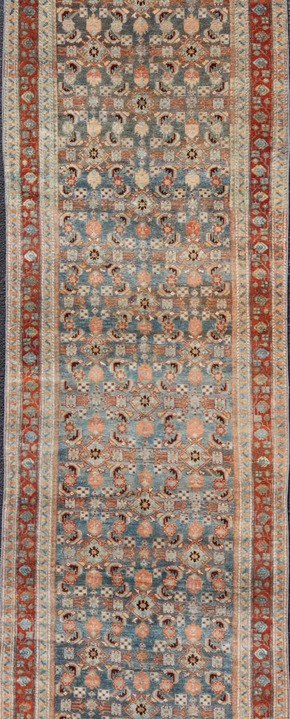 Measures: 3'1 x 15'8 Antique Senneh Persian Long Runner in Wool with All - Over Design in Earthy Tones. Keivan Woven Arts; rug EMB - 22140 - 15046, country of origin / type: Iran / Senneh, circa 1910. This antique Persian long runner Senneh rug has be... - Keivan Woven ArtsEMB - 22140 - 15046 - 20511
