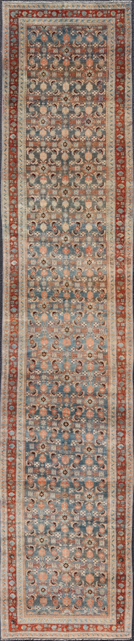 Measures: 3'1 x 15'8 Antique Senneh Persian Long Runner in Wool with All - Over Design in Earthy Tones. Keivan Woven Arts; rug EMB - 22140 - 15046, country of origin / type: Iran / Senneh, circa 1910. This antique Persian long runner Senneh rug has be... - Keivan Woven ArtsEMB - 22140 - 15046 - 20511Rug
