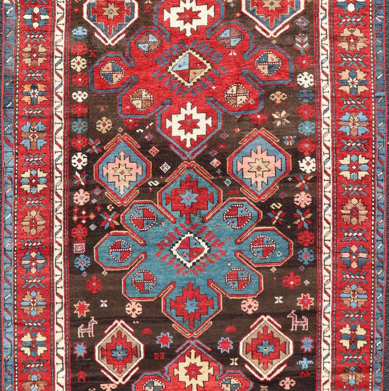 Measures: 4'0 x 7'5 Antique Tribal Caucasian Kazak Rug in Brown and Red with Geometric Design. Keivan Woven Arts rug EMB - 22141 - 15044, country of origin / type: Caucuses / Caucasian Kazak, circa 1890. Brilliant Kazak rugs are among the most d... - Keivan Woven ArtsEMB - 22141 - 15044 - 20499