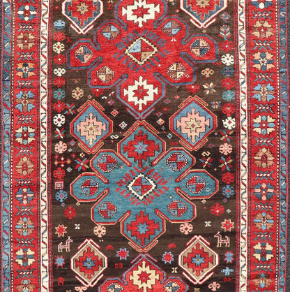 Measures: 4'0 x 7'5 Antique Tribal Caucasian Kazak Rug in Brown and Red with Geometric Design. Keivan Woven Arts rug EMB - 22141 - 15044, country of origin / type: Caucuses / Caucasian Kazak, circa 1890. Brilliant Kazak rugs are among the most d... - Keivan Woven ArtsEMB - 22141 - 15044 - 20499