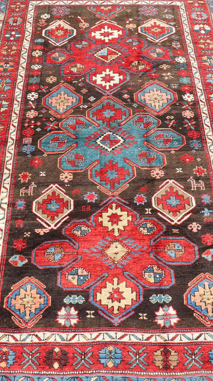 Measures: 4'0 x 7'5 Antique Tribal Caucasian Kazak Rug in Brown and Red with Geometric Design. Keivan Woven Arts rug EMB - 22141 - 15044, country of origin / type: Caucuses / Caucasian Kazak, circa 1890. Brilliant Kazak rugs are among the most d... - Keivan Woven ArtsEMB - 22141 - 15044 - 20499