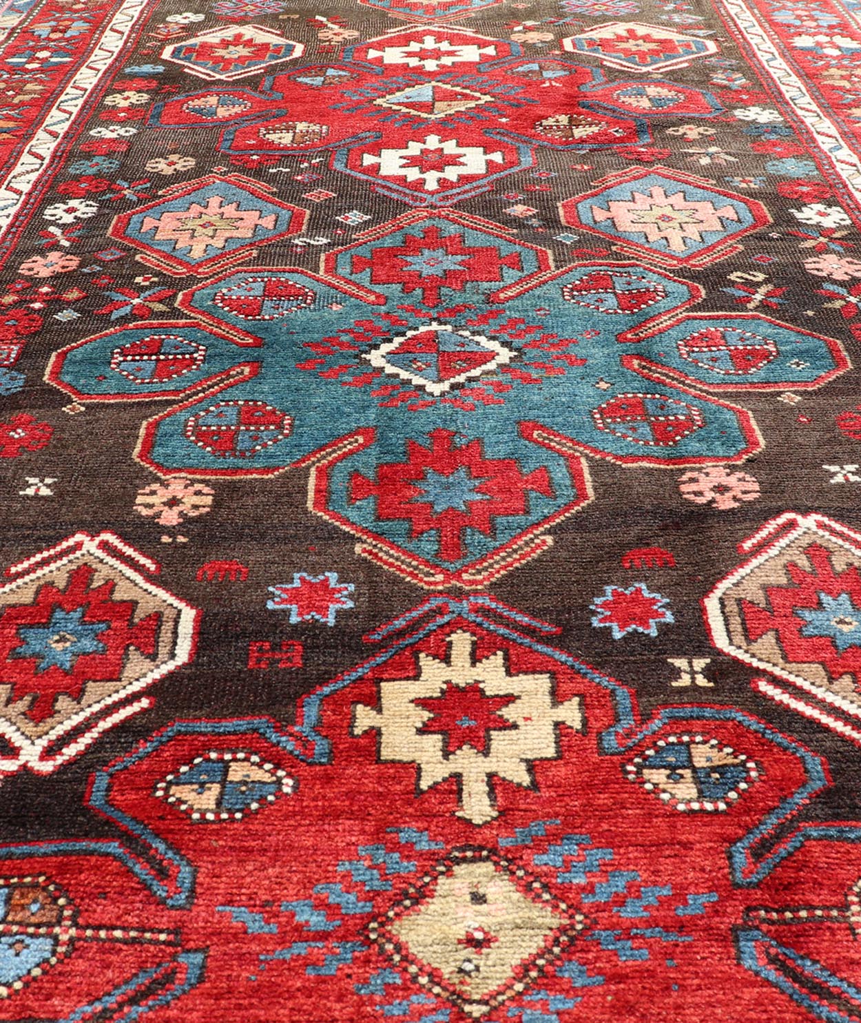Measures: 4'0 x 7'5 Antique Tribal Caucasian Kazak Rug in Brown and Red with Geometric Design. Keivan Woven Arts rug EMB - 22141 - 15044, country of origin / type: Caucuses / Caucasian Kazak, circa 1890. Brilliant Kazak rugs are among the most d... - Keivan Woven ArtsEMB - 22141 - 15044 - 20499