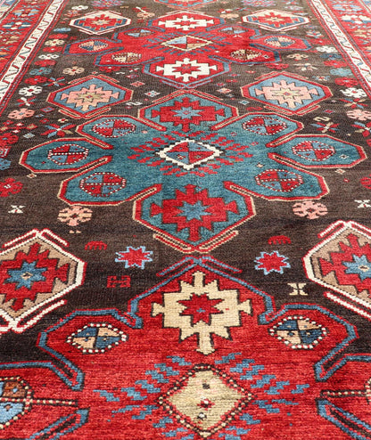 Measures: 4'0 x 7'5 Antique Tribal Caucasian Kazak Rug in Brown and Red with Geometric Design. Keivan Woven Arts rug EMB - 22141 - 15044, country of origin / type: Caucuses / Caucasian Kazak, circa 1890. Brilliant Kazak rugs are among the most d... - Keivan Woven ArtsEMB - 22141 - 15044 - 20499