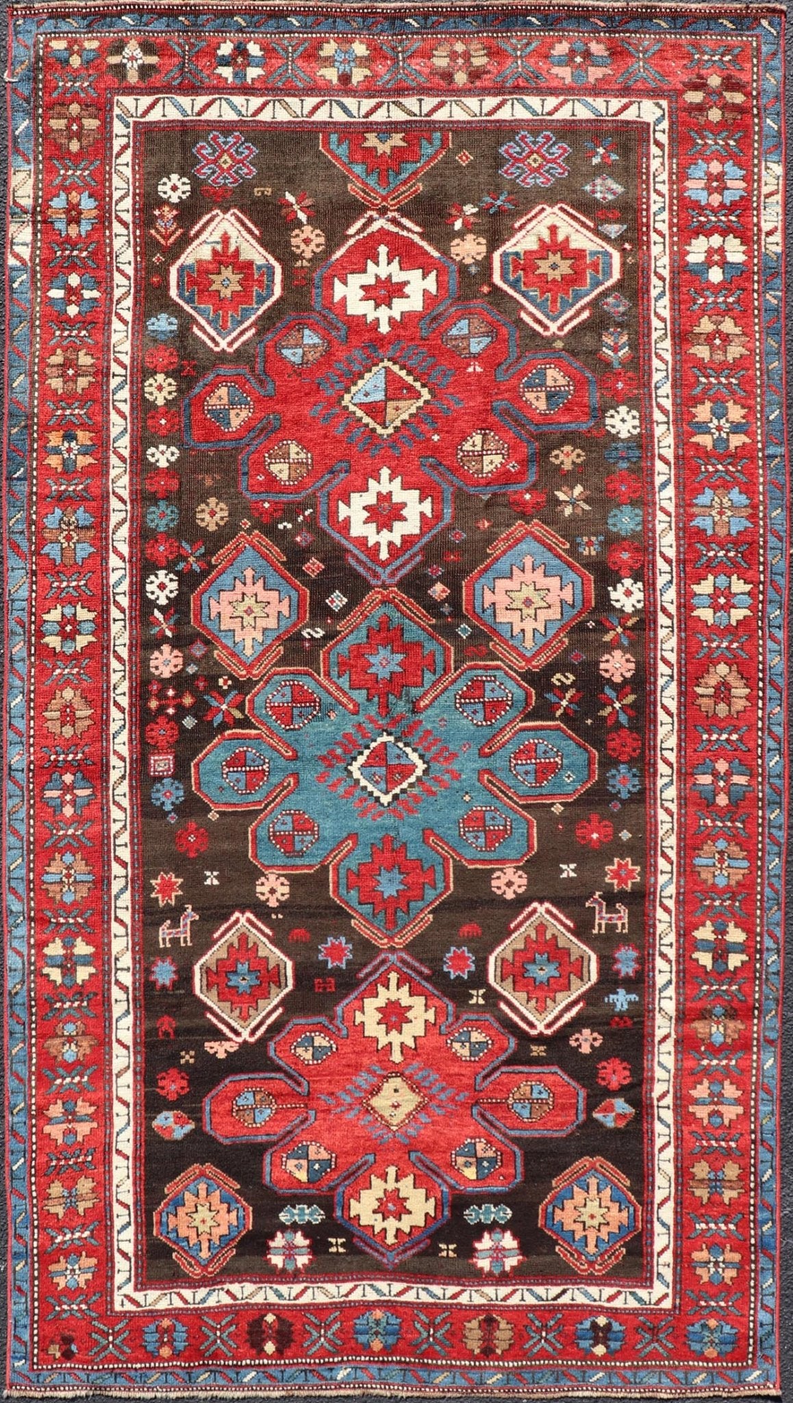 Measures: 4'0 x 7'5 Antique Tribal Caucasian Kazak Rug in Brown and Red with Geometric Design. Keivan Woven Arts rug EMB - 22141 - 15044, country of origin / type: Caucuses / Caucasian Kazak, circa 1890. Brilliant Kazak rugs are among the most d... - Keivan Woven ArtsEMB - 22141 - 15044 - 20499
