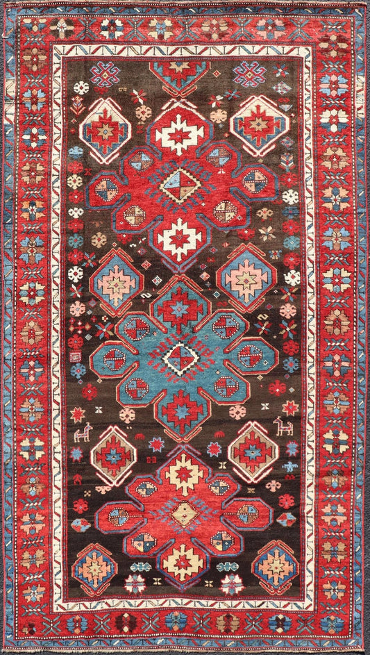 Measures: 4'0 x 7'5 Antique Tribal Caucasian Kazak Rug in Brown and Red with Geometric Design. Keivan Woven Arts rug EMB - 22141 - 15044, country of origin / type: Caucuses / Caucasian Kazak, circa 1890. Brilliant Kazak rugs are among the most d... - Keivan Woven ArtsEMB - 22141 - 15044 - 20499