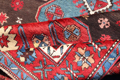 Measures: 4'0 x 7'5 Antique Tribal Caucasian Kazak Rug in Brown and Red with Geometric Design. Keivan Woven Arts rug EMB - 22141 - 15044, country of origin / type: Caucuses / Caucasian Kazak, circa 1890. Brilliant Kazak rugs are among the most d... - Keivan Woven ArtsEMB - 22141 - 15044 - 20499