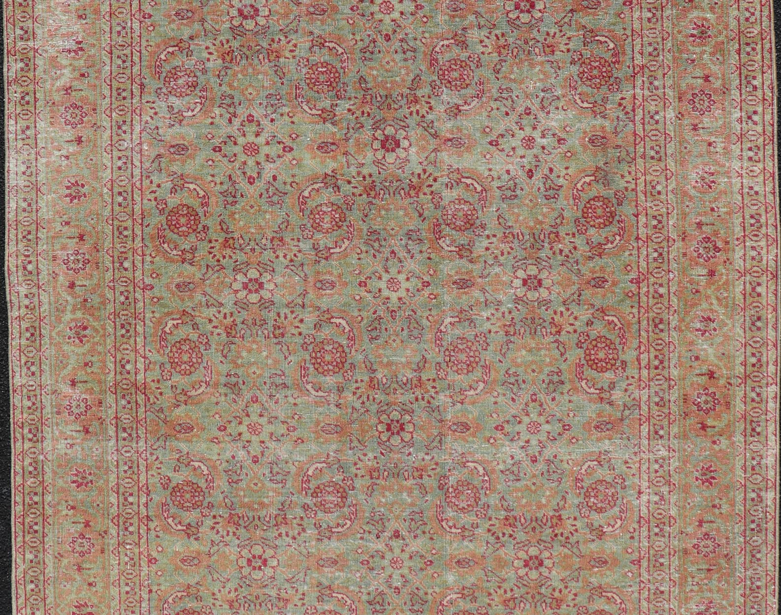 Antique Persian Tabriz Rug With All - Over Design in Light Green, Pink, and Red. Keivan Woven Arts / rug 19 - 0407, country of origin / type: Iran / Tabriz, circa 1920. Measures: 4'7 x 6'7 This antique Persian Tabriz carpet (circa early 20th century... - Keivan Woven ArtsEMB - 22142 - 15028 - 20409Rug