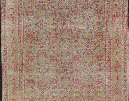 Antique Persian Tabriz Rug With All - Over Design in Light Green, Pink, and Red. Keivan Woven Arts / rug 19 - 0407, country of origin / type: Iran / Tabriz, circa 1920. Measures: 4'7 x 6'7 This antique Persian Tabriz carpet (circa early 20th century... - Keivan Woven ArtsEMB - 22142 - 15028 - 20409Rug