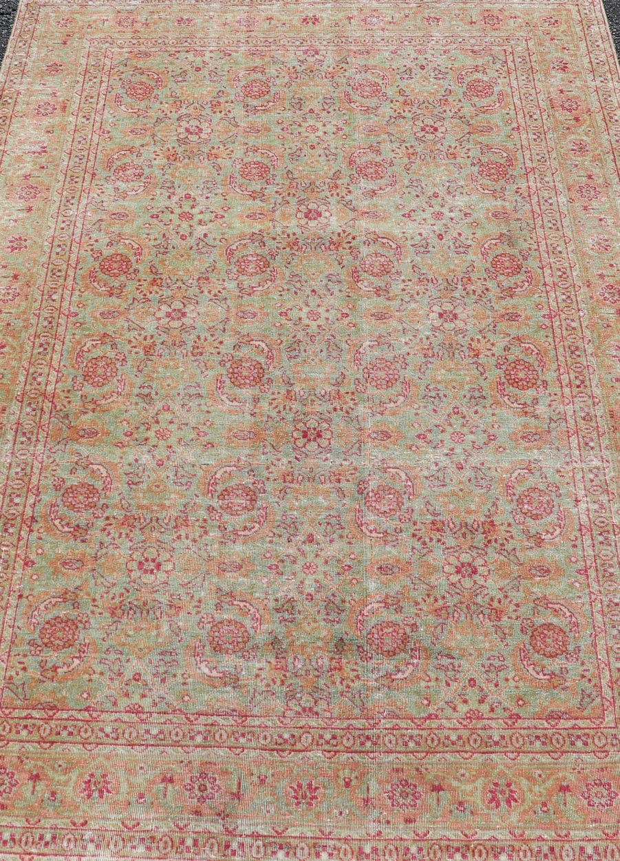 Antique Persian Tabriz Rug With All - Over Design in Light Green, Pink, and Red. Keivan Woven Arts / rug 19 - 0407, country of origin / type: Iran / Tabriz, circa 1920. Measures: 4'7 x 6'7 This antique Persian Tabriz carpet (circa early 20th century... - Keivan Woven ArtsEMB - 22142 - 15028 - 20409Rug