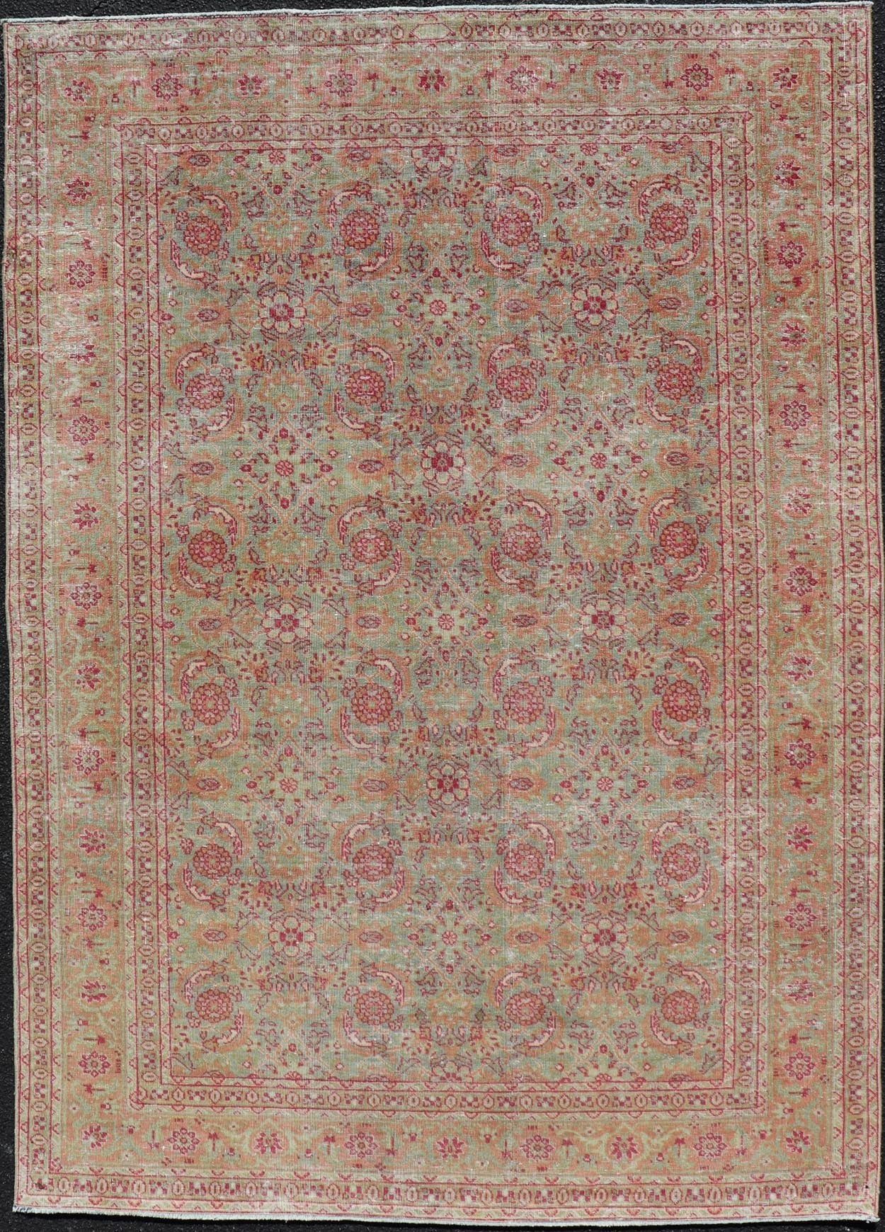 Antique Persian Tabriz Rug With All - Over Design in Light Green, Pink, and Red. Keivan Woven Arts / rug 19 - 0407, country of origin / type: Iran / Tabriz, circa 1920. Measures: 4'7 x 6'7 This antique Persian Tabriz carpet (circa early 20th century... - Keivan Woven ArtsEMB - 22142 - 15028 - 20409Rug