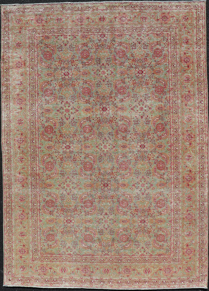 Antique Persian Tabriz Rug With All - Over Design in Light Green, Pink, and Red. Keivan Woven Arts / rug 19 - 0407, country of origin / type: Iran / Tabriz, circa 1920. Measures: 4'7 x 6'7 This antique Persian Tabriz carpet (circa early 20th century... - Keivan Woven ArtsEMB - 22142 - 15028 - 20409Rug