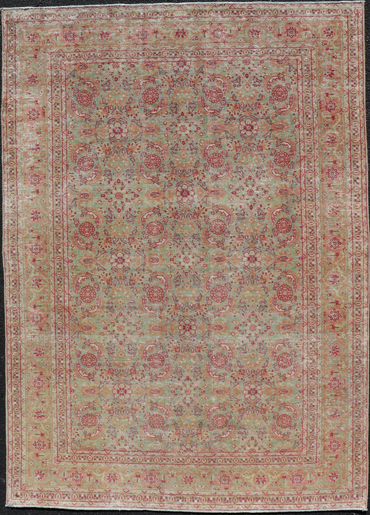 Antique Persian Tabriz Rug With All - Over Design in Light Green, Pink, and Red. Keivan Woven Arts / rug 19 - 0407, country of origin / type: Iran / Tabriz, circa 1920. Measures: 4'7 x 6'7 This antique Persian Tabriz carpet (circa early 20th century... - Keivan Woven ArtsEMB - 22142 - 15028 - 20409Rug