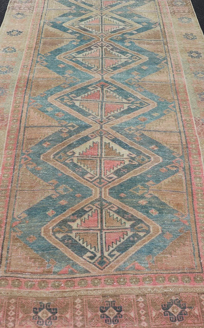 Keivan Woven Arts Antique Persian Gallery Hamadan Rug in Wool with Sub - Geometric Medallion Design. Keivan Woven Arts; rug EMB - 22143 - 15029, country of origin / type: Iran / Hamadan, circa 1920. Measures: 4'10 x 10'1 This antique Persian Hamadan r... - Keivan Woven ArtsEMB - 22143 - 15029 - 20415Rug