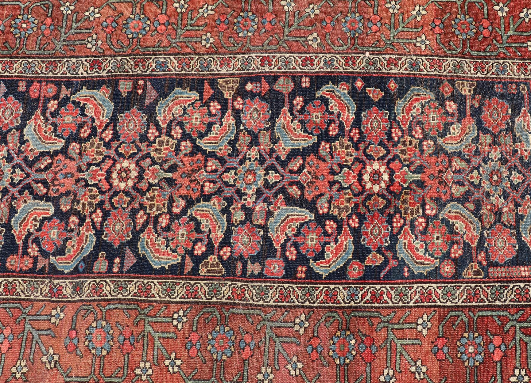 Antique Persian Gallery Malayer Runner in Blue Background with Multi Colors. Keivan Woven Arts / rug EMB - 22147 - 15078, country of origin / type: Iran / Malayer, circa 1910 Measures: 3'6 x 12'7 This antique Persian Malayer is bright and bold, with... - Keivan Woven ArtsEMB - 22147 - 15078 - 20685Rug