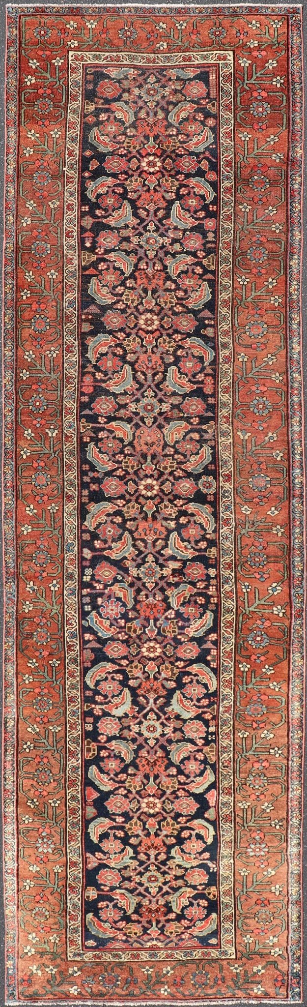 Antique Persian Gallery Malayer Runner in Blue Background with Multi Colors. Keivan Woven Arts / rug EMB - 22147 - 15078, country of origin / type: Iran / Malayer, circa 1910 Measures: 3'6 x 12'7 This antique Persian Malayer is bright and bold, with... - Keivan Woven ArtsEMB - 22147 - 15078 - 20685Rug