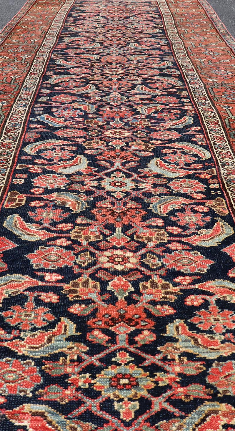 Antique Persian Gallery Malayer Runner in Blue Background with Multi Colors. Keivan Woven Arts / rug EMB - 22147 - 15078, country of origin / type: Iran / Malayer, circa 1910 Measures: 3'6 x 12'7 This antique Persian Malayer is bright and bold, with... - Keivan Woven ArtsEMB - 22147 - 15078 - 20685Rug