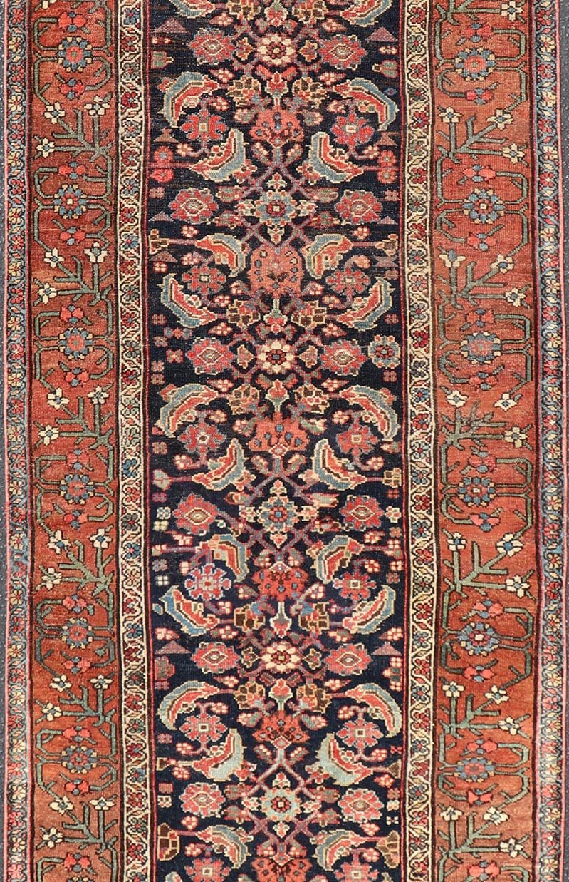 Antique Persian Gallery Malayer Runner in Blue Background with Multi Colors. Keivan Woven Arts / rug EMB - 22147 - 15078, country of origin / type: Iran / Malayer, circa 1910 Measures: 3'6 x 12'7 This antique Persian Malayer is bright and bold, with... - Keivan Woven ArtsEMB - 22147 - 15078 - 20685Rug